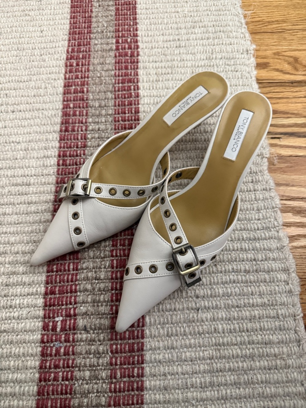 Tony Bianco Kelsey Dove Nappa Heels - White Pointed Buckle Mule